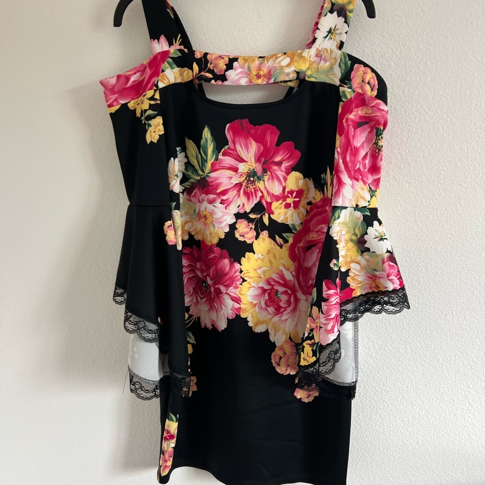Floral Black Dress with Lace Trim